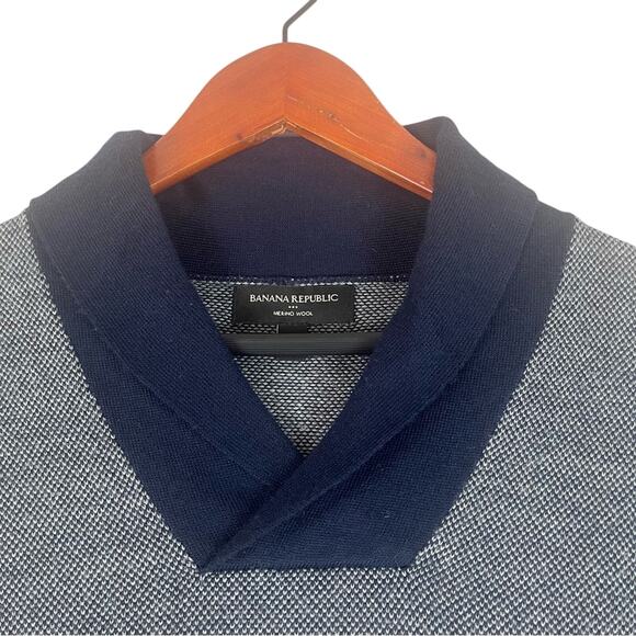 Banana Republic Merino Wool Sweater Mens Large Shawl Collar Blue Birdseye Knit - Picture 2 of 9